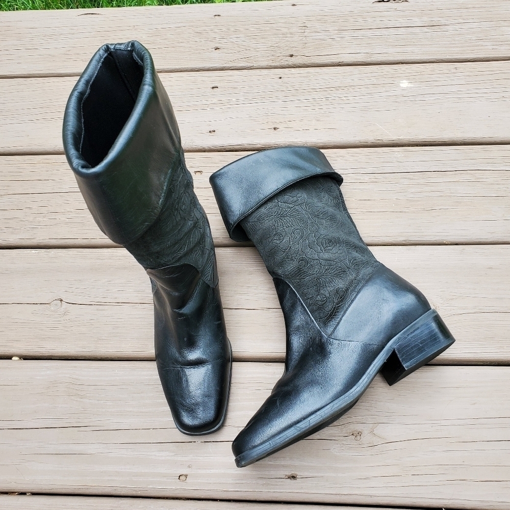 Vintage 90s y2k‎ Black Floral Leather Fold Over Chunky Square Toe Mid Calf Boots